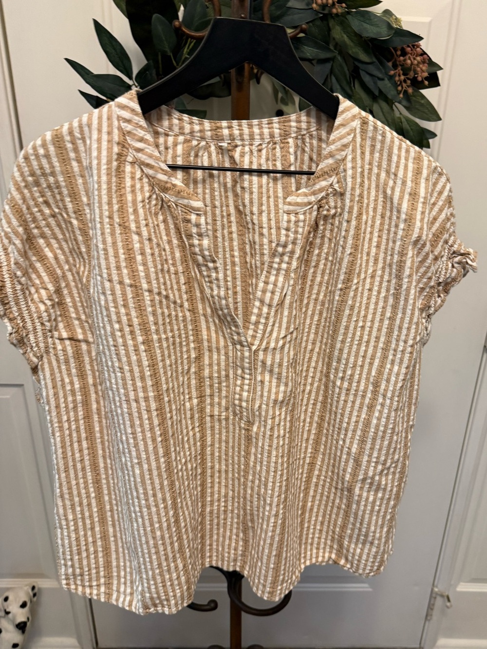 Classic Boho Neutral Color Vertical Stripe Top w Ruffle Short Sleeves XXXL 22